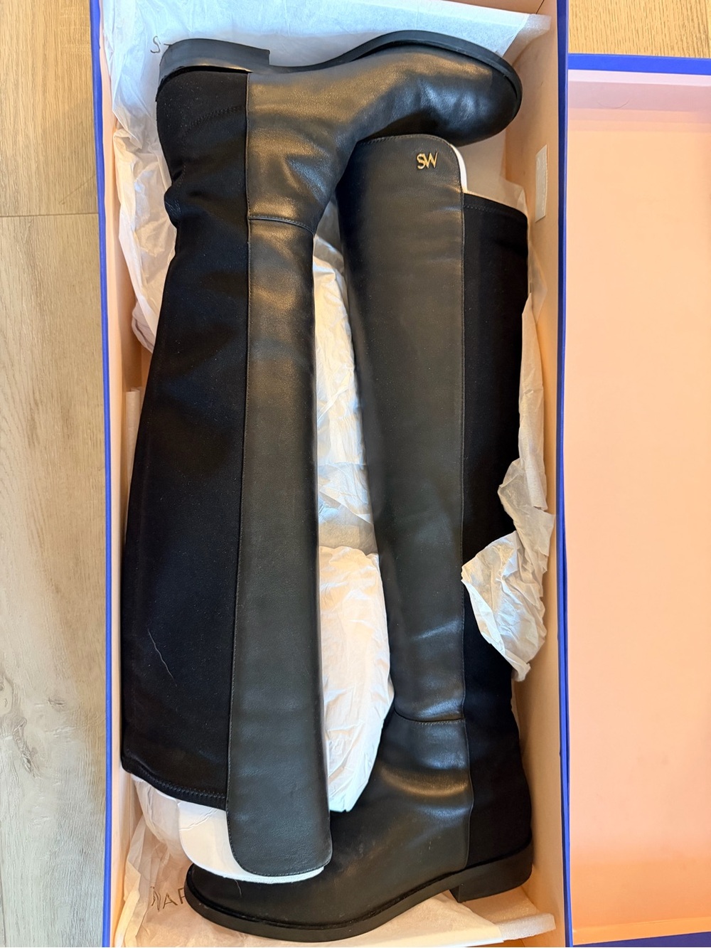 Stuart Weitzman Black Over-the-Knee Leather & Stretch Boots